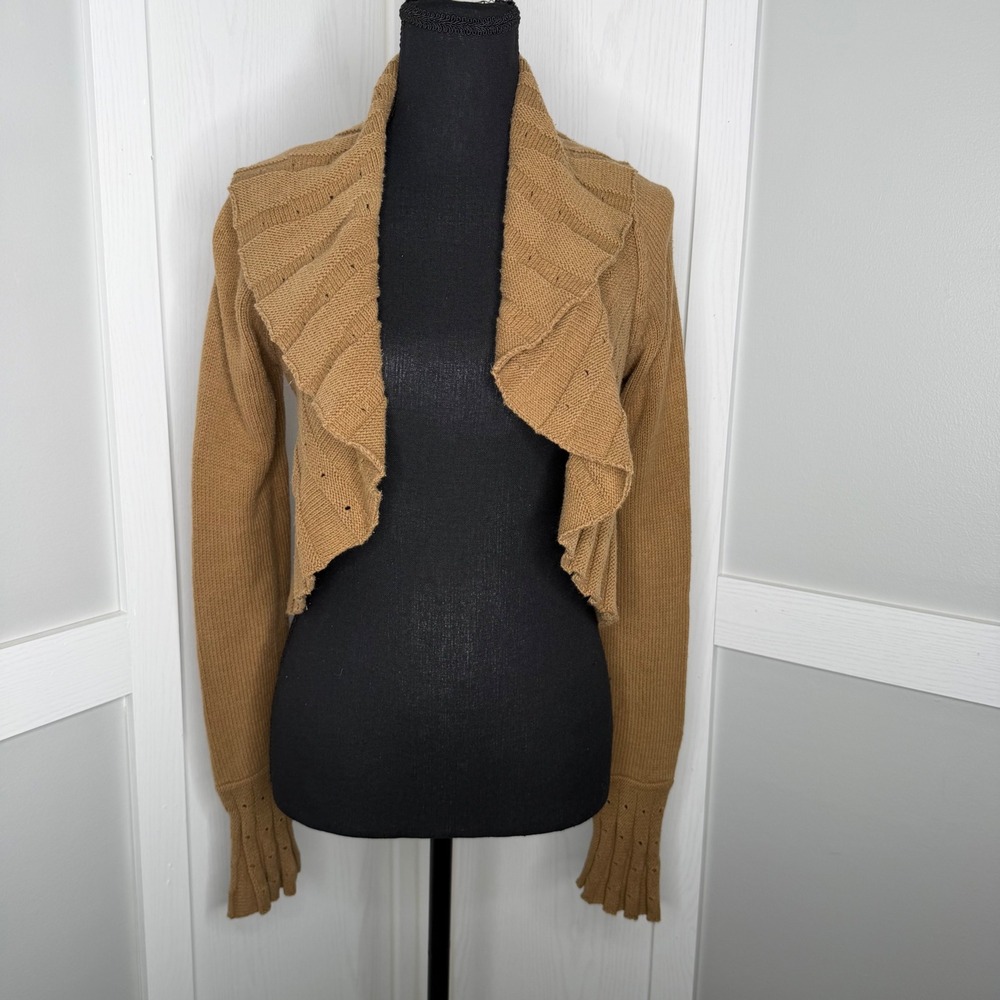 Halogen Cardigan Women Sz Small Tan Ruffle Front Cropped Pointelle Knit‎ Sweater